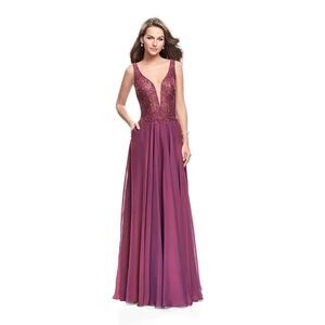 La Femme 25513 Women's Beaded Sequin Lace Plunging Chiffon Dress Boysenberry Siz